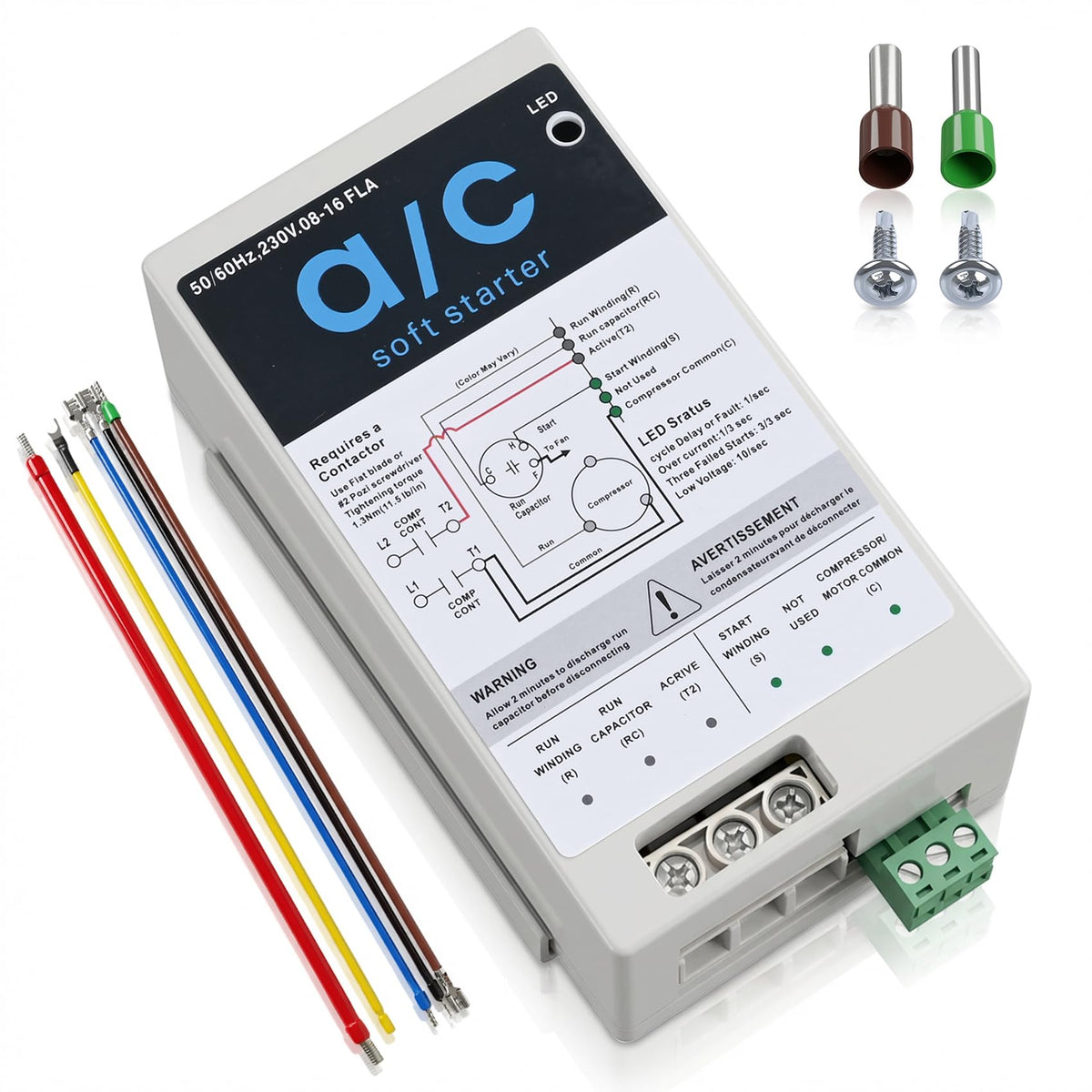 08-16A AC Soft Start Kit for 1.75-3.5 Ton 230V HVAC, 70% Less Startup Current with Reverse Motor Protection, Quiet Start Soft Start Module for Home/RV/Generator/Utility Power