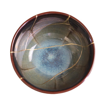 HIKARIKINTSUGI Kintsugi Blossom Bowl – Reactive Kiln-Glazed Bat Trang Ceramic Art, Handcrafted Gold Repair Zen Tea Bowl, Wabi-Sabi Healing Gift (11 x 6 cm)