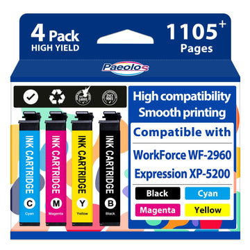 Paeolos Remanufactured Ink Cartridge Replacement for Epson 222 Ink Cartridges Combo Pack XP5200 Work for Expression Home XP-5200 Workforce WF-2960 WF2960 Printer Multipack, Black Cyan Magenta Yellow