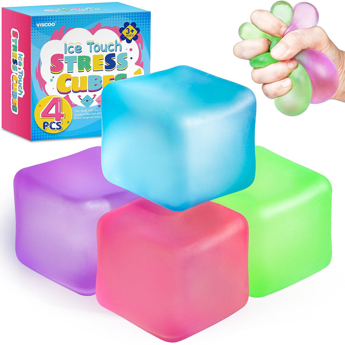 4 Pack Stress Cube, Slow Rising Ice Cube Stress Balls for Adults Kids, Sensory Fidget Toy for Anxiety Relief, Square Shape Squishy Balls for Classroom Prizes, Cube Squishy for Party Favors
