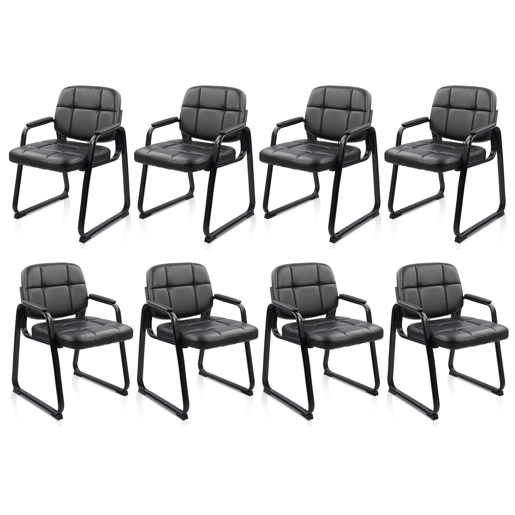 Clatina Leather Guest Chairs Set of 8, Office Reception with Padded Arms, Desk Chair with Sled Base for Office Conference Waiting Room, Black