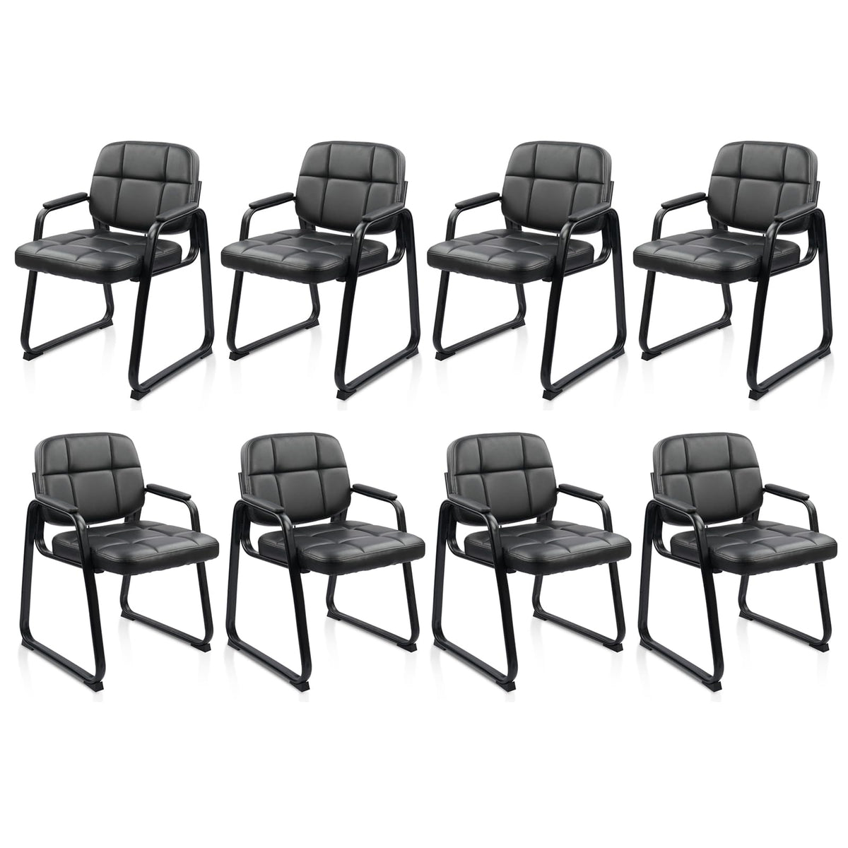 Clatina Leather Guest Chairs Set of 8, Office Reception with Padded Arms, Desk Chair with Sled Base for Office Conference Waiting Room, Black