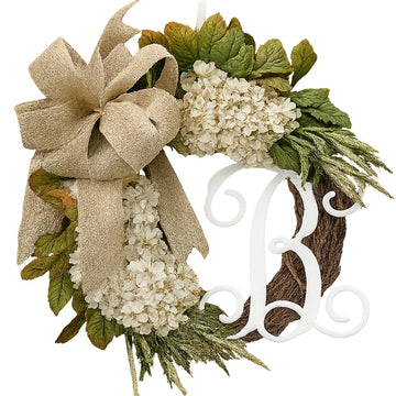 Hydrangea Monogram Initial Front Door Wreath with Choice of Bow and Cream Hydrangeas on Grapevine Base-Handmade in The USA, Front Door Wreath