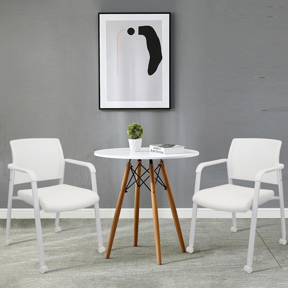 Clatina Mesh Back Guest Reception Stacking Chair with Wheels, Waiting Room Stackable Chairs with Upholstered Leather Seat & Ergonomic Lumbar