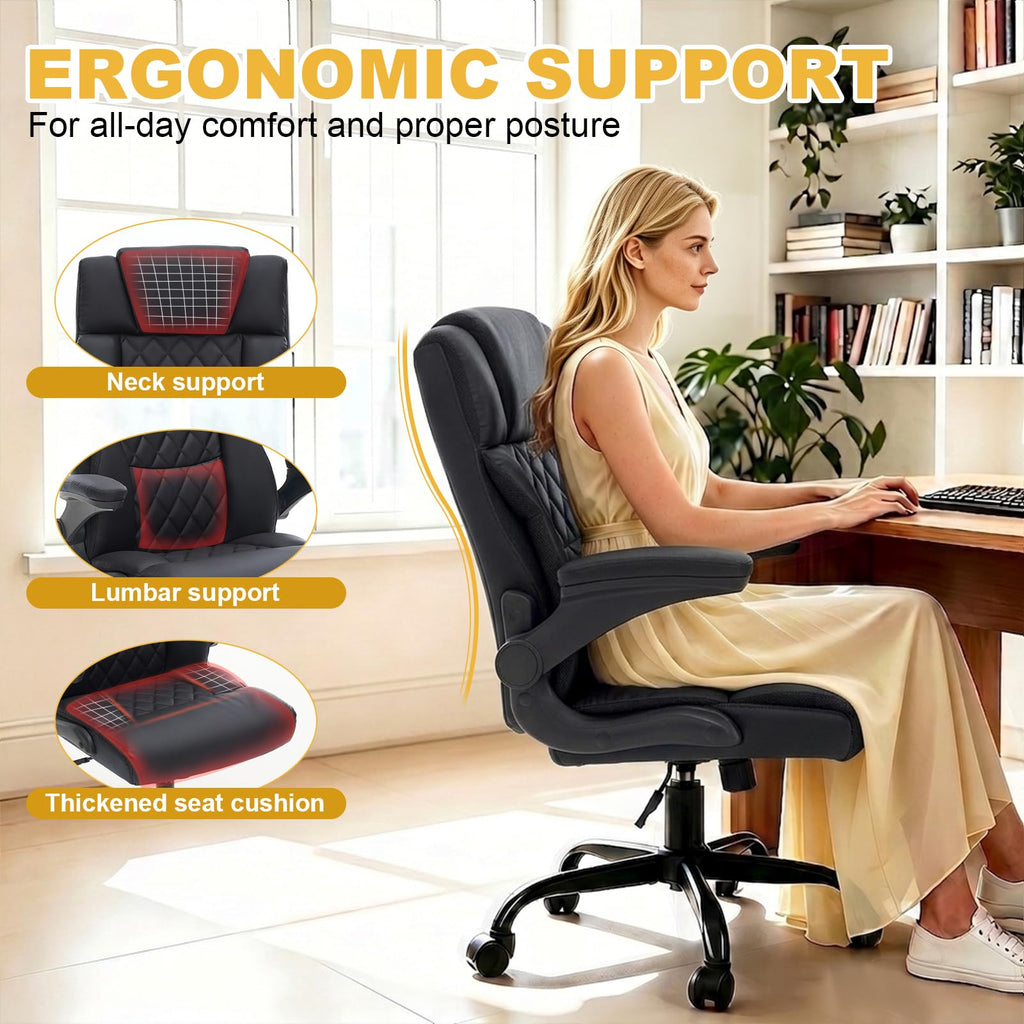 Lianva Ergonomic Office Chair, Executive Desk Chair with Flip-up Armrest, Swivel Computer Task Chair with Wheels for Home Office, Small Black