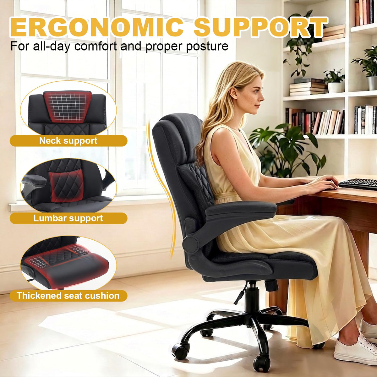 Lianva Ergonomic Office Chair, Executive Desk Chair with Flip-up Armrest, Swivel Computer Task Chair with Wheels for Home Office, Small Black