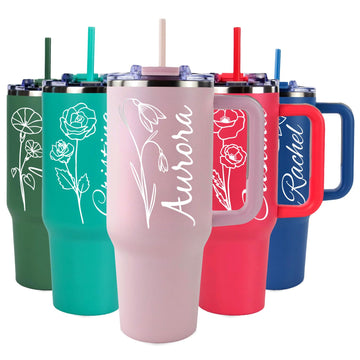 Personalized 40 oz Engraved Tumbler, With Handle, 2 Straws, Brush and Pad, Custom Name And Birth Flower, Stainless Steel Insulated Travel Cup, Double-Wall, Keeps Drinks Hot & Cold, Made in USA.
