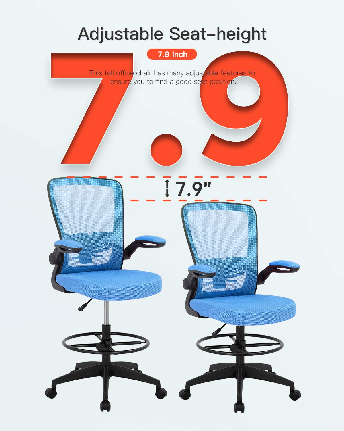 Bestoffice Drafting Chair Tall Office Chair Adjustable Height with Lumbar Support Arms Footrest Mid Back Standing Desk Chair Swivel Rolling