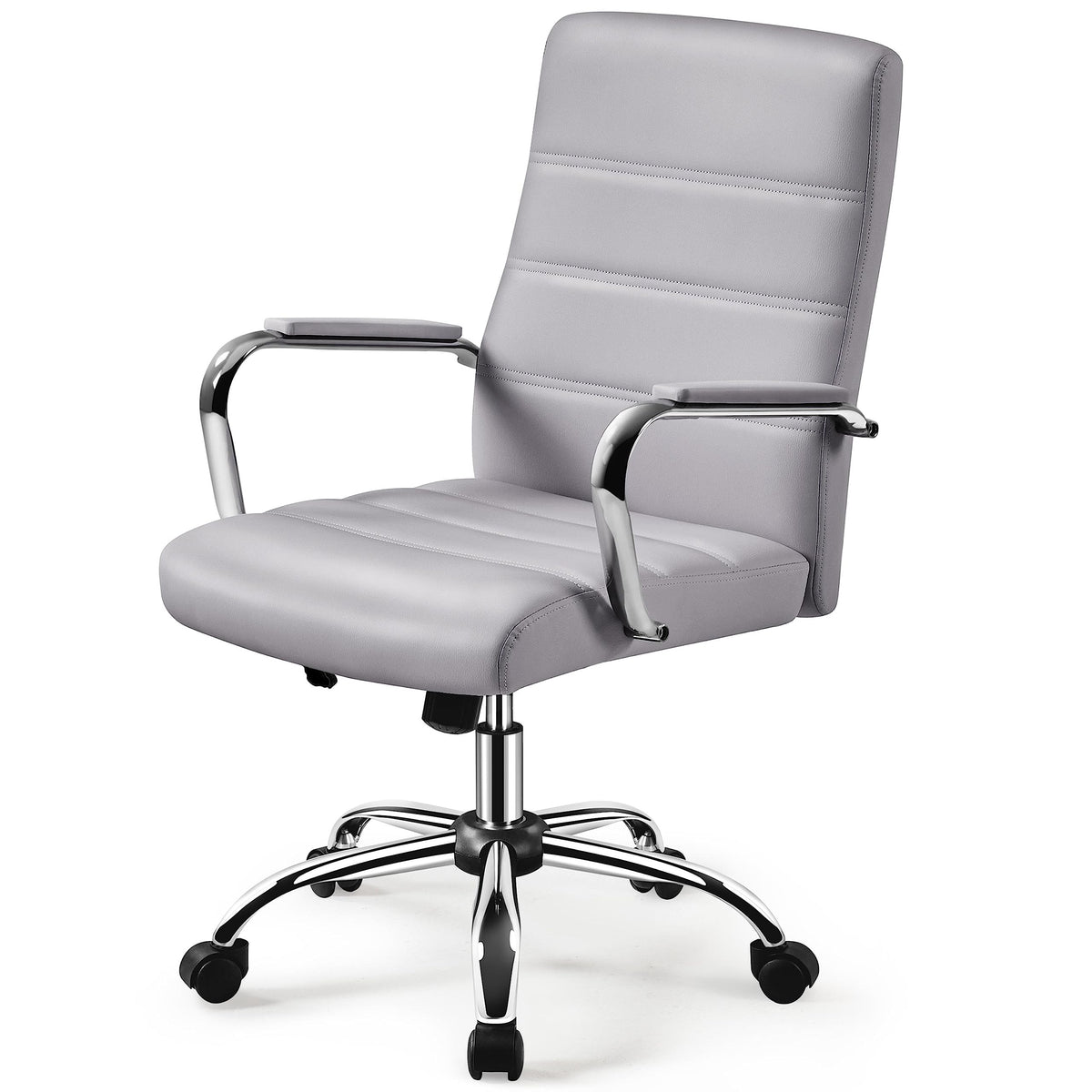 Yaheetech Light Gray Office Chair Pu Leather Swivel Rocking Seat with Arms, 24? W × 25? D × (38-41.5)? H