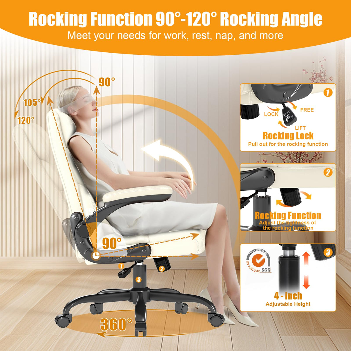 Executive Office Chair with Flip-up Armrests,ergonomic Computer Desk Chairs, Creamy White