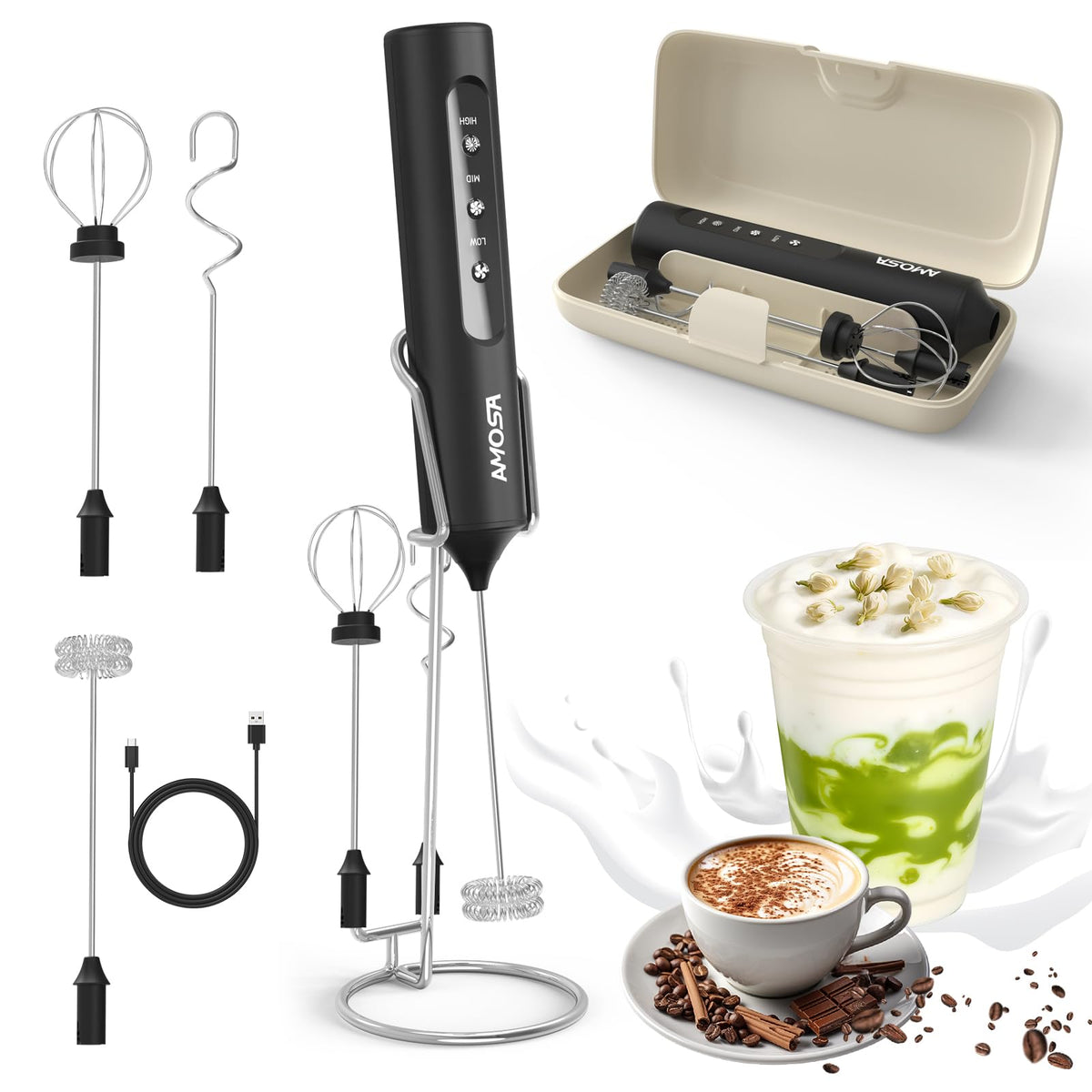 AMOSA Milk Frother Handheld with Stand, Rechargeable Frother with 3 Speeds & 3 Heads, Travel Frother with Case, Coffee Mixer for Latte, Milk, Cream, Egg, Coffee, Cappuccino