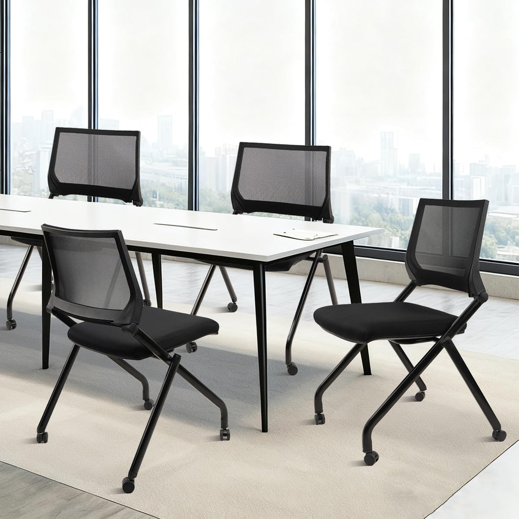 Clatina Stackable & Foldable Conference Room Chairs, Waiting Room Chairs with Wheels & Lumbar Support, Ergonomic Mesh Bouncing Back Folding