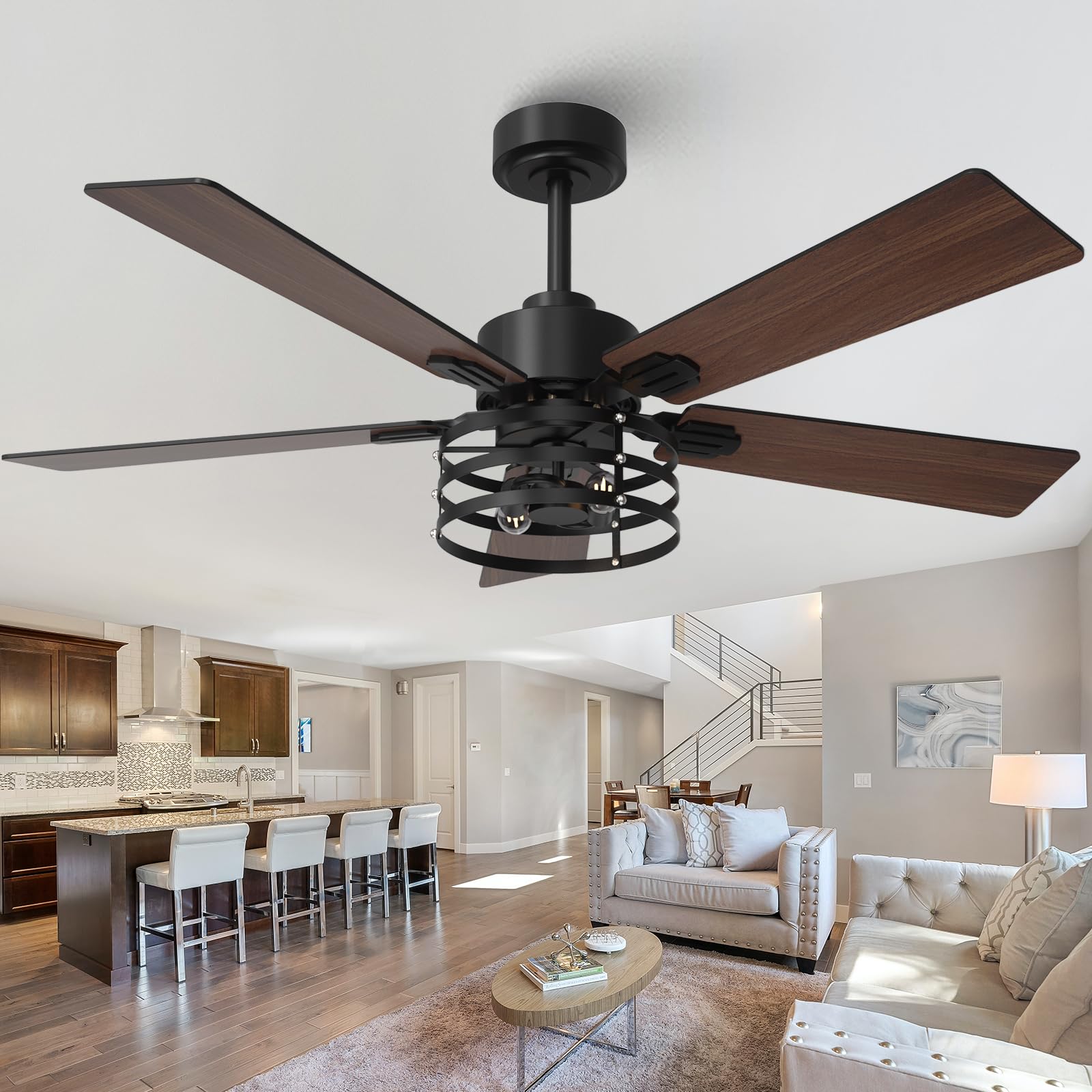 52" Farmhouse Ceiling Fan with Light and Remote, Outdoor Ceiling Fan Dual Finish 5 Blades 6-Speed Quiet and Reversible DC Motor, Ceiling Fans with Light for Bedroom Living Room and Patio