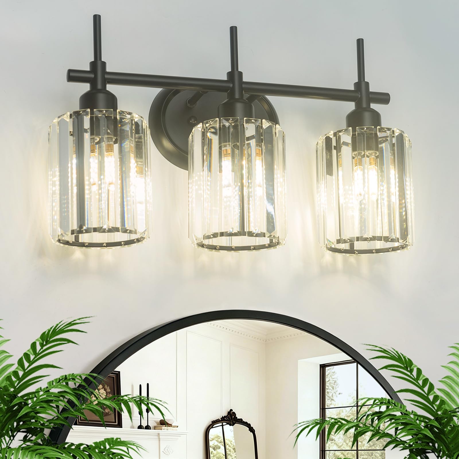 Black Bathroom Vanity Light, 3-Light Bathroom Lighting Fixtures Over Mirror, Modern Crystal Wall Sconces with Crystal Clear Shades for Bedroom Living Room