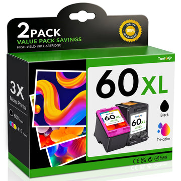 60XL Ink Cartridges Combo Pack Replacement for HP Ink 60 60 XL Work for PhotoSmart C4780 C4680 C4795 C4640 D110A D110;Deskjet F4480 F4440 F2430 ;Envy 110 120 111 114 Printers (1 Black, 1 Tri-Color)