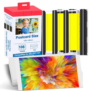 Compatible with Canon Selphy CP1500 CP1300 Ink and Paper, 4x6 Inch KP-108IN KP108 for Selphy CP1500 CP1300 CP1200 CP1000 CP910 CP900 CP810, 100mm x148 mm (3 Ink +108 Sheets Photo Paper)