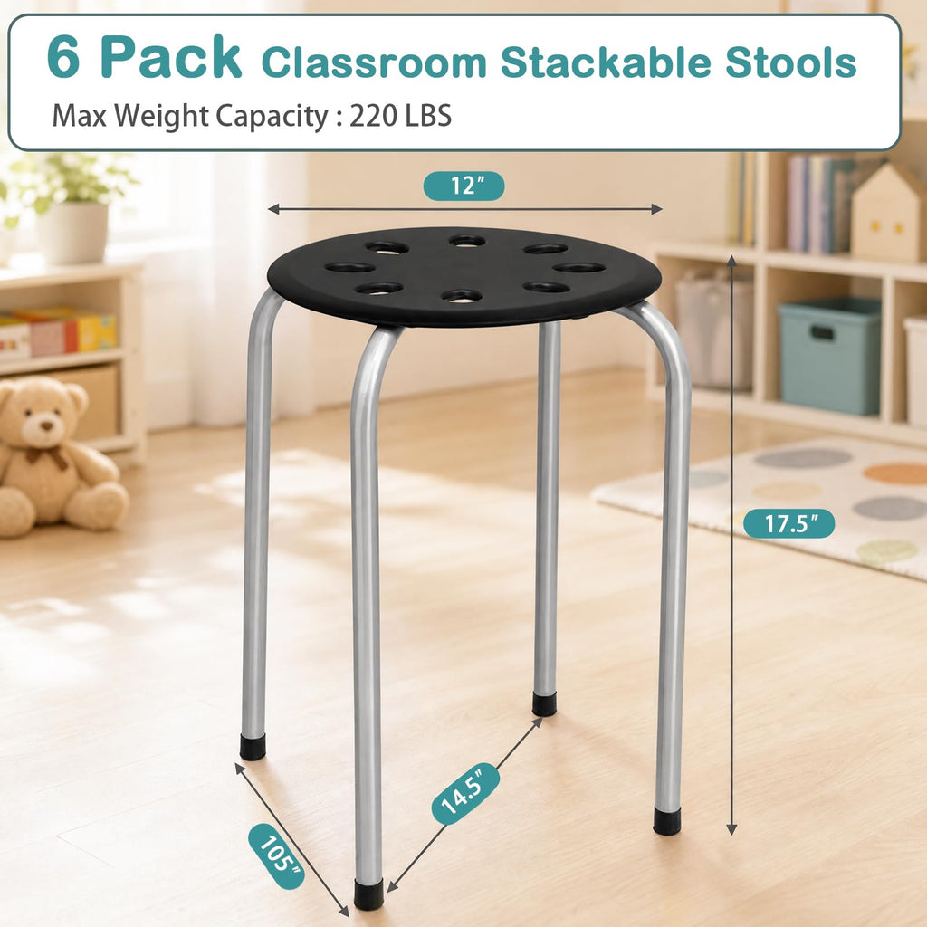 Costway 17.5-inch Height 6-pack Round Plastic Stack Stools, Black+grey, 14.5" x 14.5" x 17.5" (W x D x H)