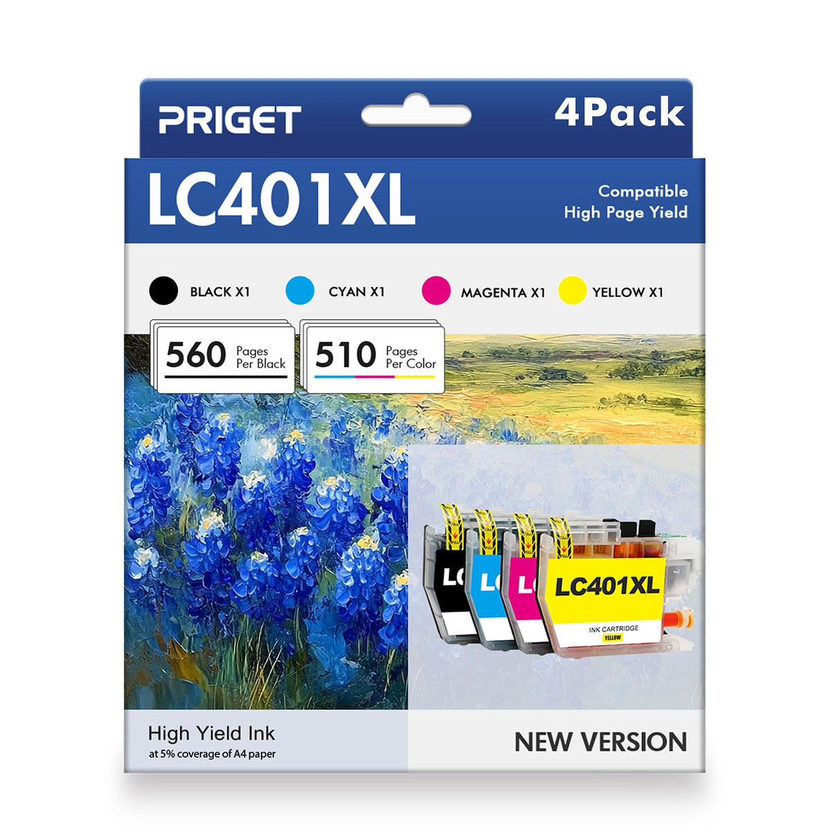 LC401XL LC401 MFC-J1010DW Ink Cartridges for Brother Printer LC 401XL MFC-J1010DW MFC-J1012DW MFC-J1170DW MFC-J1800DW Ink (4 Pack, Black/Cyan/Magenta/Yellow)