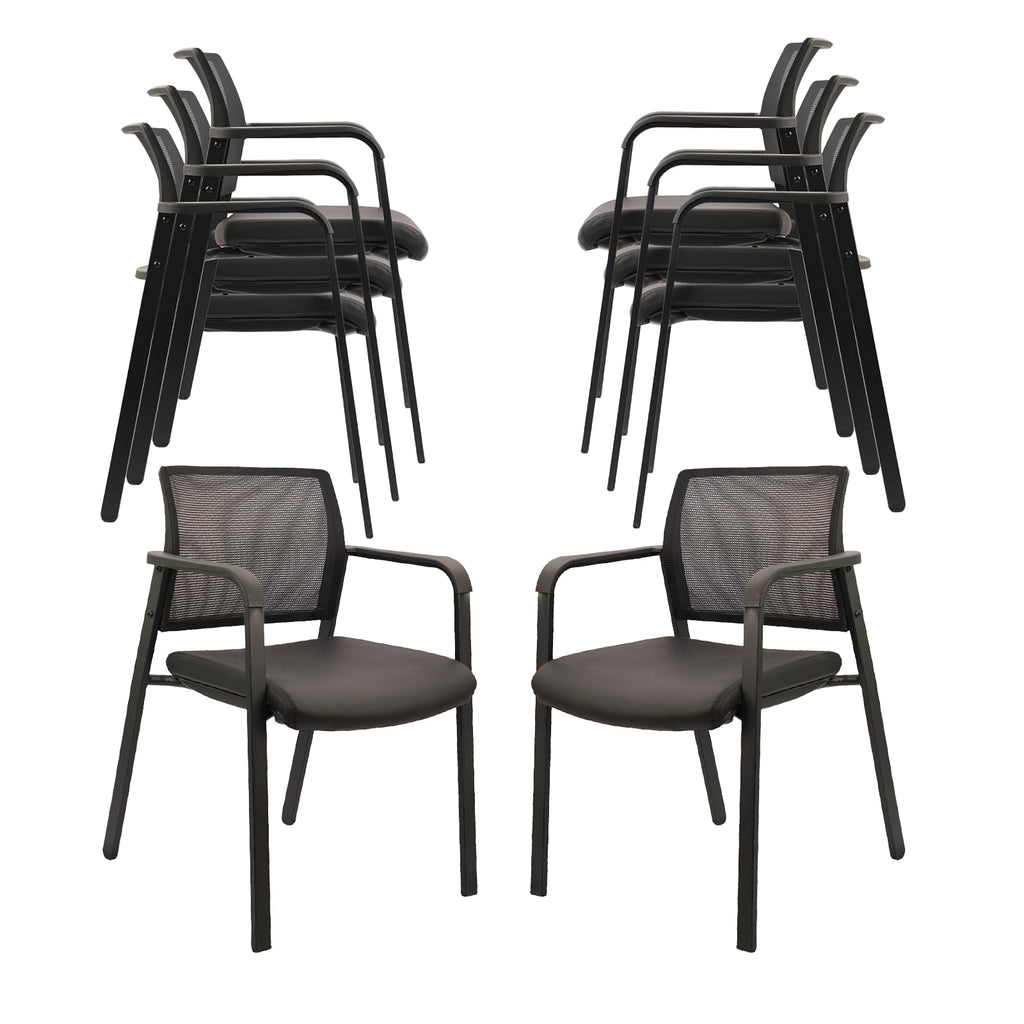Clatina Stackable Office Chair, Mesh Back Guest Chairs with Comfortable Leather Seat Arms Stacking Ergonomic Desk Chair No Wheels for