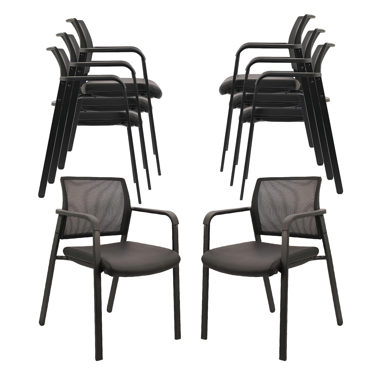 Clatina Stackable Office Chair, Mesh Back Guest Chairs with Comfortable Leather Seat Arms Stacking Ergonomic Desk Chair No Wheels for
