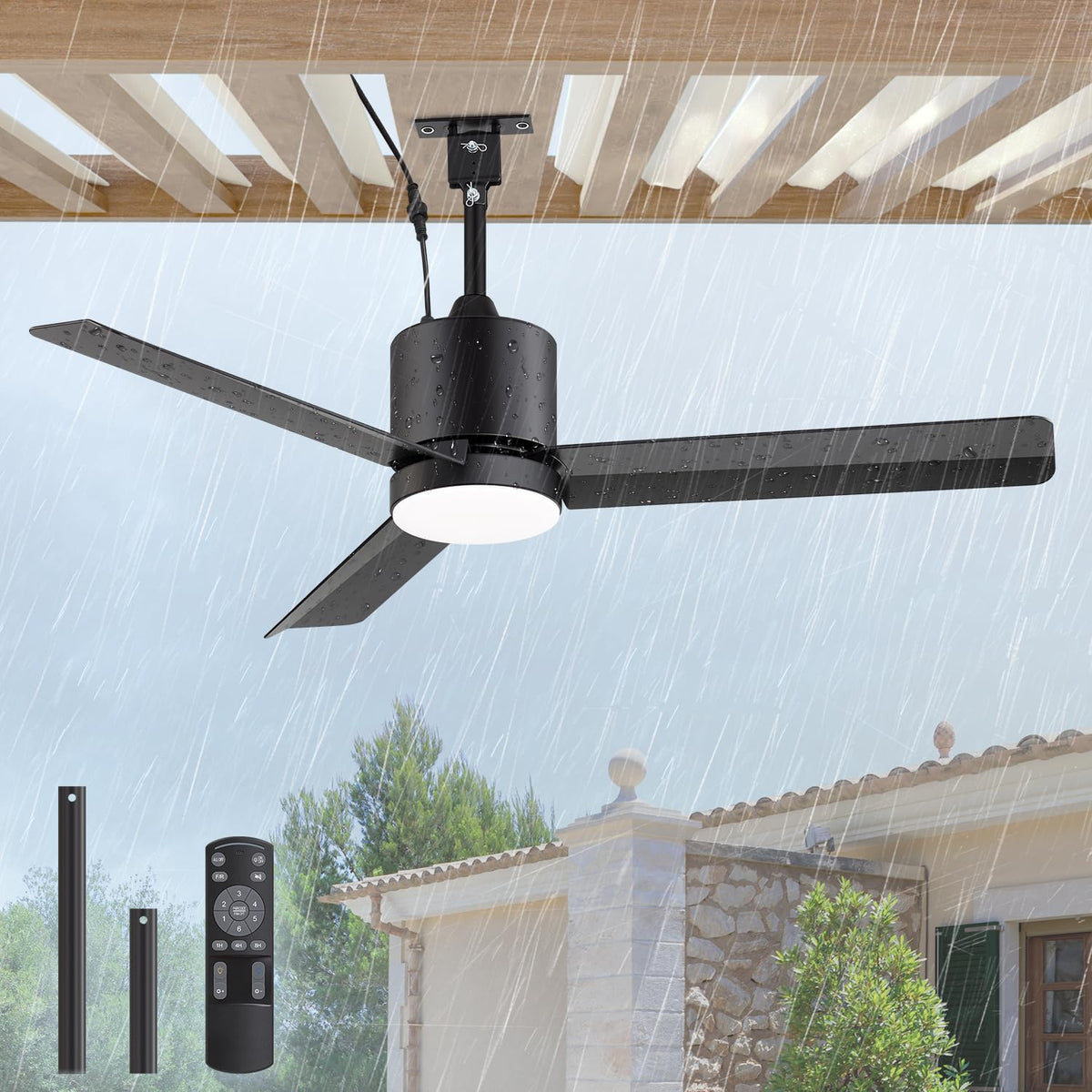 42" Outdoor Ceiling Fans with Lights and Remote, IP65 Waterproof Hanging Fan with 6-Speed Reversible DC Motor, 3 Blades, 3CCT Led Light, 2 Downrod, Farmhouse Gazebo Ceiling Fan for Porch Patios