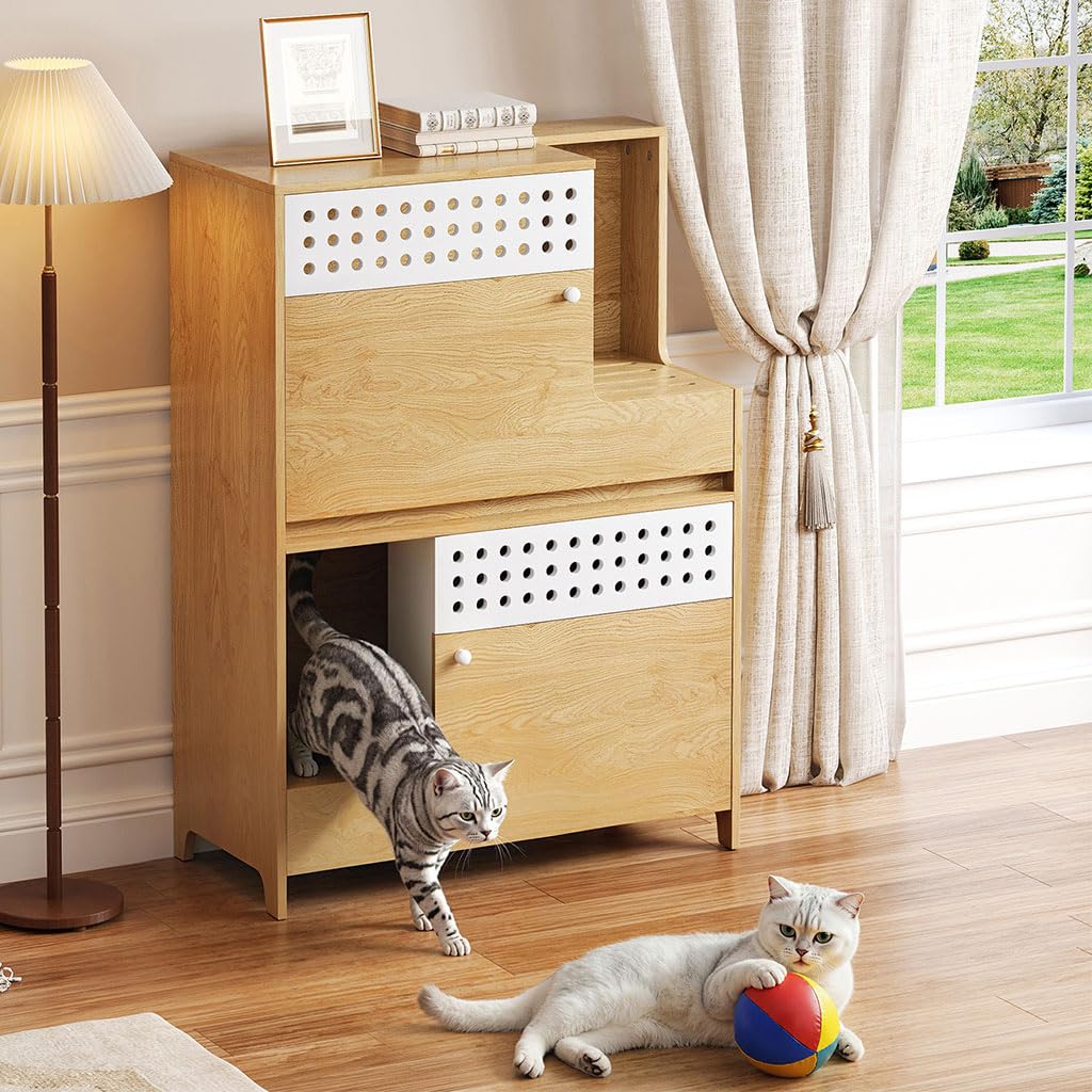 2 in 1 Cat Litter Box Enclosure Furniture, Double Hidden Litter Box Cabinet with Storage Shelf, Space Saving Wooden Cat House End Table for Indoor Use, Brown Natural,Natural