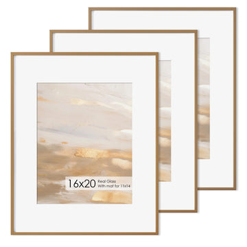 Fun Memories 16x20 Metal Picture Frame with 11x14 Mat, Brushed Aluminum Finish, Tempered Glass Front, Versatile Wall Display Frames for Vertical or Horizontal Orientation(Bronze, Pack of 3)