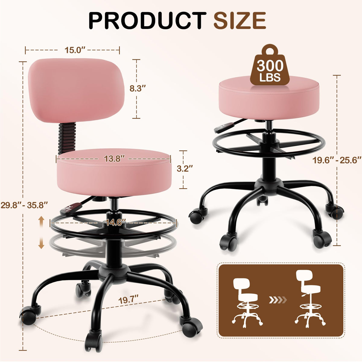 Anunweldo Drafting Chair with Back Support, Adjustable Foot Rest Rolling Stool, 360° Swivel Office Desk Chair with Wheels, Thick Seat Cushion
