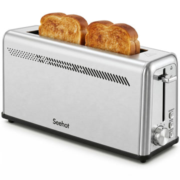 Seehot® Slim Long Slot Stainless Steel Toaster, Toaster 2 Slice Wide Slot with 10.24 x 1.5 in Slot, Bagel Defrost Cancel, 7 Shades, Crumb Tray