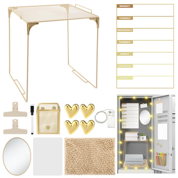 TecUnite Locker Accessories Kit - Magnetic Whiteboard, Shelf, Course Schedule, Mirror, Pen Holder, Dry Erase Pen, Rug, Clips, Light String - 14 Pcs Locker Decorations & Organizer(Gold,Heart Style)