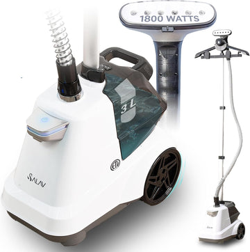 SALAV® Heavy Duty Commercial Full-Size Garment Steamer with Foot Pedals and Extra Large 3L (101.5 oz) Water Tank, 1800 watts, 90+min of Continuous Steam (White) (Renewed)