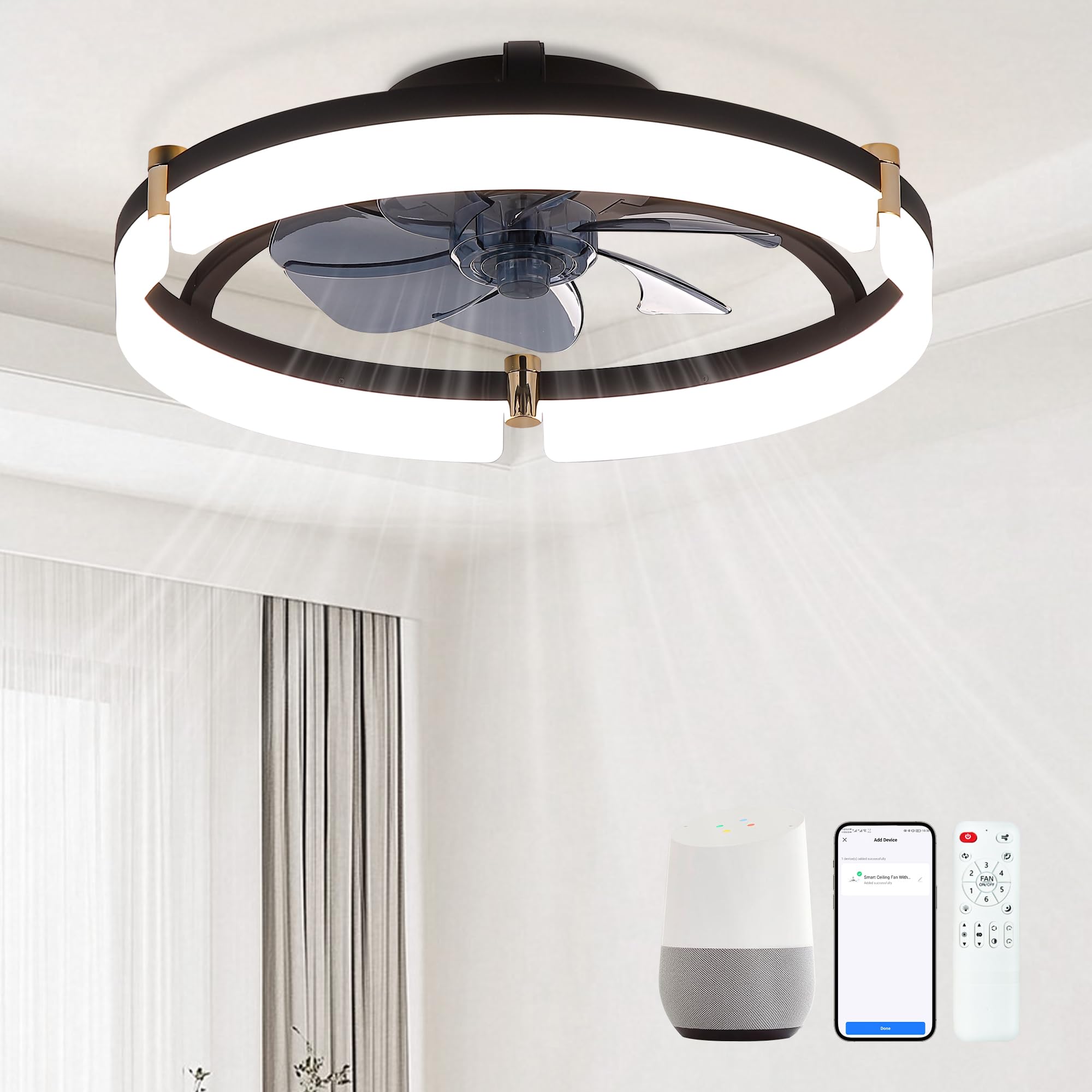 Smart Ceiling Fans with Lights Remote - 20'' WiFi Alexa Flush Mount Low Profile Modern Ceiling Fans for Bedroom - Stepless Color Temperature and 6 Speeds - Black
