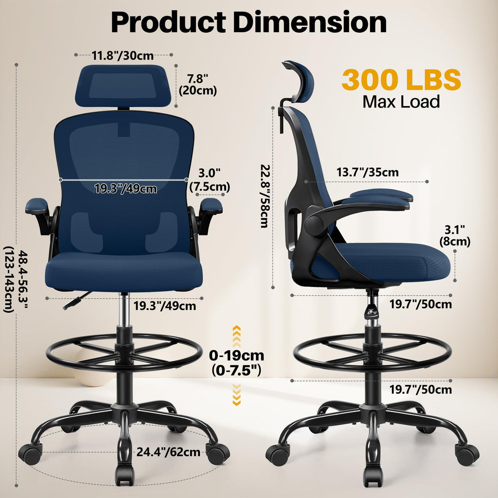 Finati Drafting Chair, Tall Office Chair for Standing Desk, Ergonomic High Back with Headrest, Lumbar Support, Foot Ring and Flip-up Armrests,