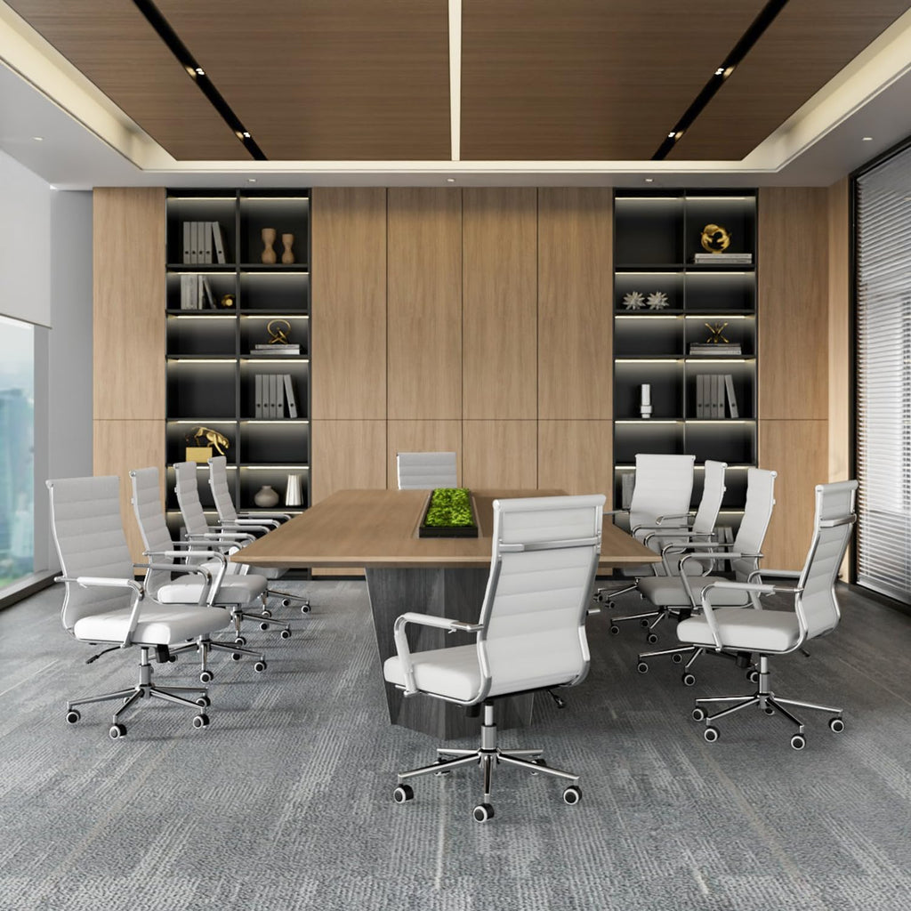 Okeysen White Office Desk Chair, Ergonomic Leather Modern Conference Room Chairs, Executive Ribbed Height Adjustable Swivel Rolling Chair for