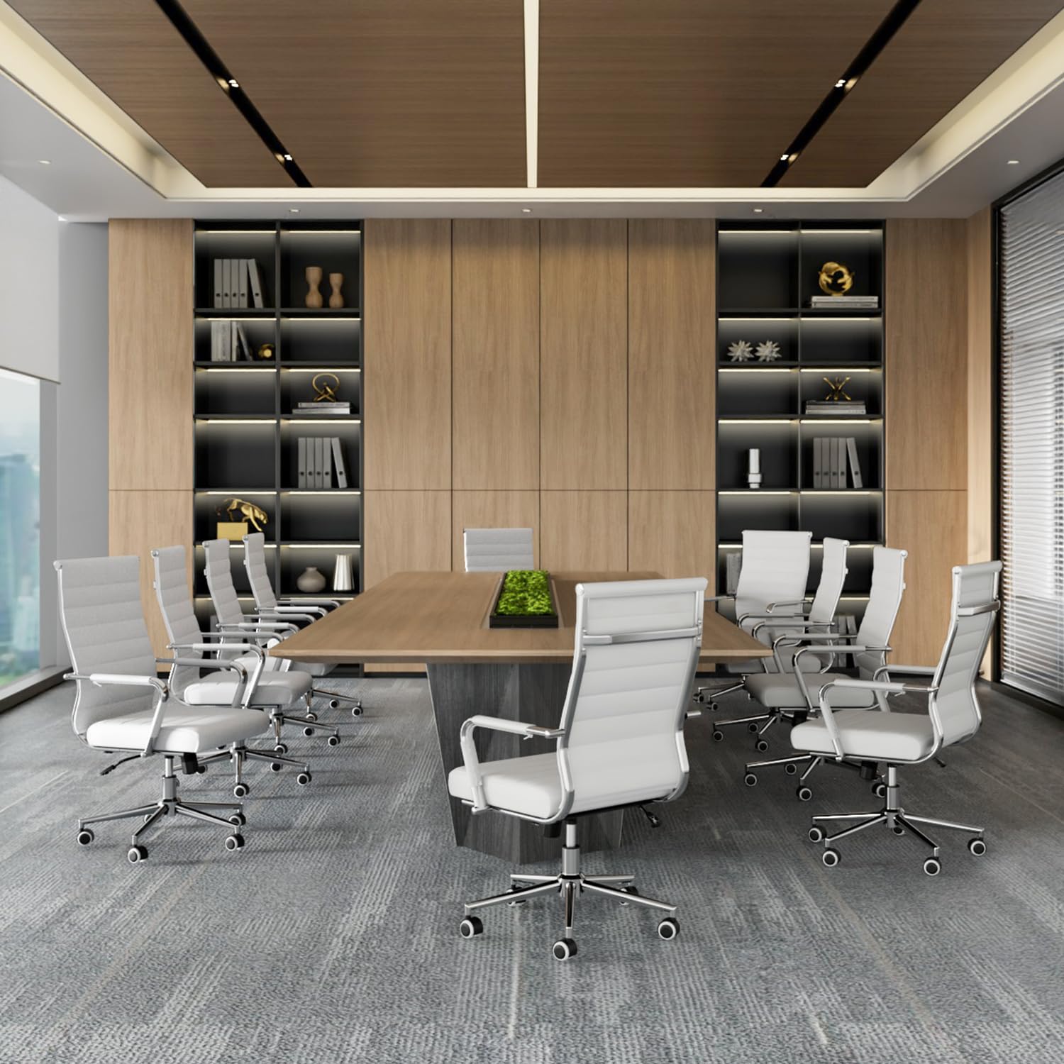 Okeysen White Office Desk Chair, Ergonomic Leather Modern Conference Room Chairs, Executive Ribbed Height Adjustable Swivel Rolling Chair for