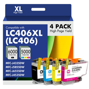 LC406 LC406XL Ink Cartridges for Brother Printer 406XL LC 406 XL for MFC-J4335DW MFC-J5855DW MFC-J6555DW MFC-J4535DW MFC-J6955DW MFC-J4345DW MFC-J5955DW - 4 Pack High Yields Black Cyan Magenta Yellow