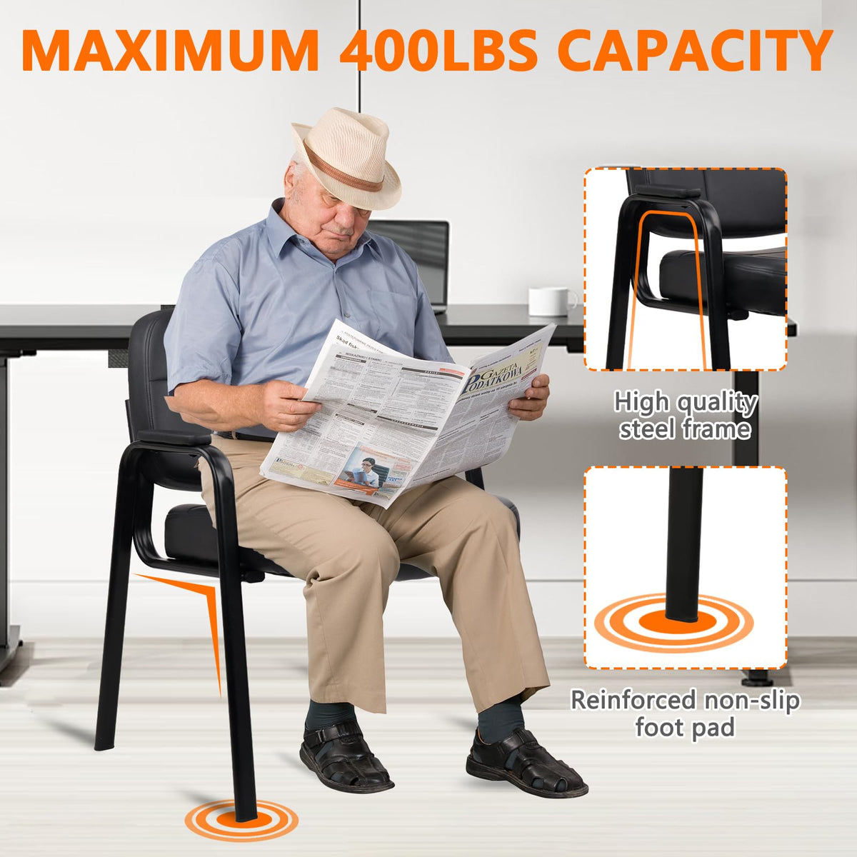 Clatina Big & Tall 500 Lbs Waiting Room Guest Chair, Leather Office Reception Chair No Wheels with Padded Arms for Elderly Home Desk Conference