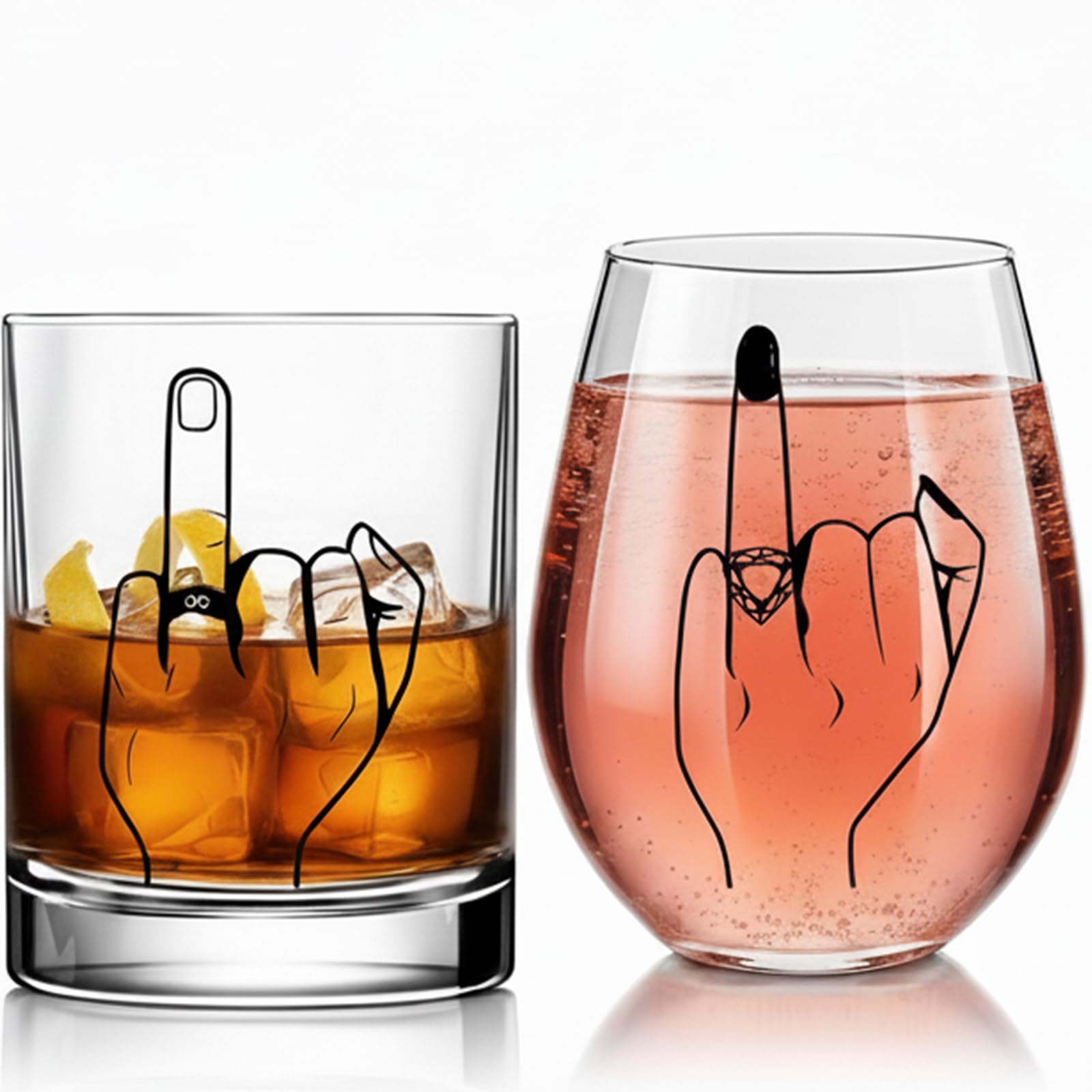 Funny Engagement/Wedding Gift for Couples – Ring Finger Wine and Whiskey Glass Set–Cool Bridal Shower/Bachelorette Gift for Bride, Newlyweds,Just Married,Mr and Mrs