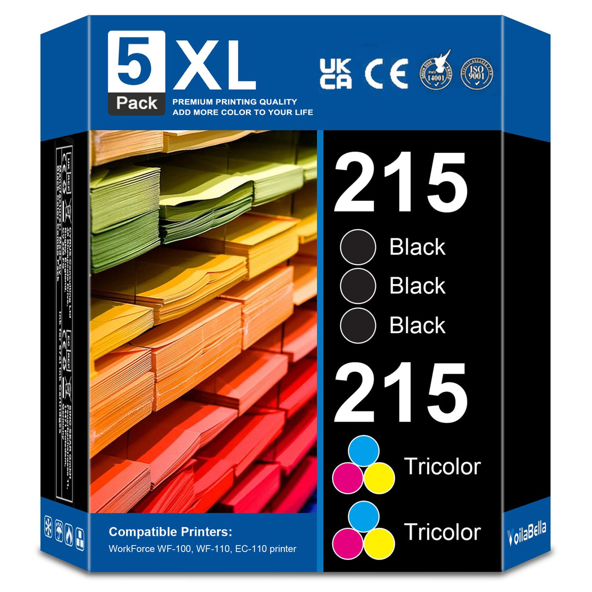T215 Ink Cartridge (3 Black,2 Tricolor, 5-Pack) Replacement for WF-100 WF-110 EC-C110 Printer