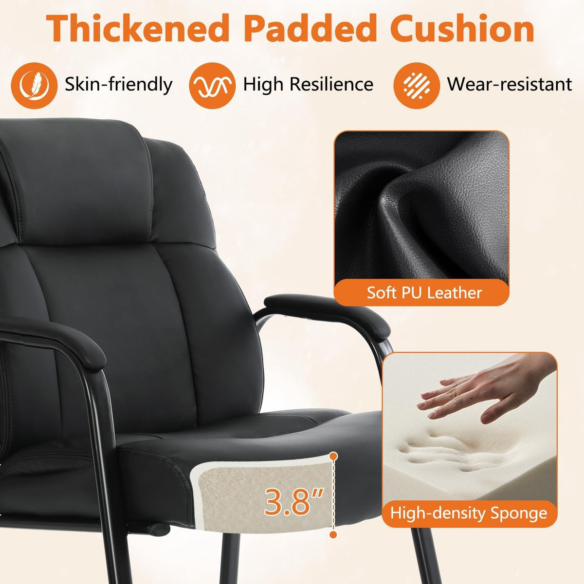 Clatina Big and Tall Office Chair Set of 6 500lbs Leather Reception Chair with Bonded Padded Armrest Wide Seat Sled Base Desk Chair No Wheels