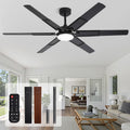 60 Inch Ceiling Fans with Lights and Remote, Living Room Office Library Cafe Indoor Outdoor Industrial, 5CCT Dimmable, Dual Color 6 Blades, 6 Speed Reversible Quiet DC Motor, Black/Wood Grain