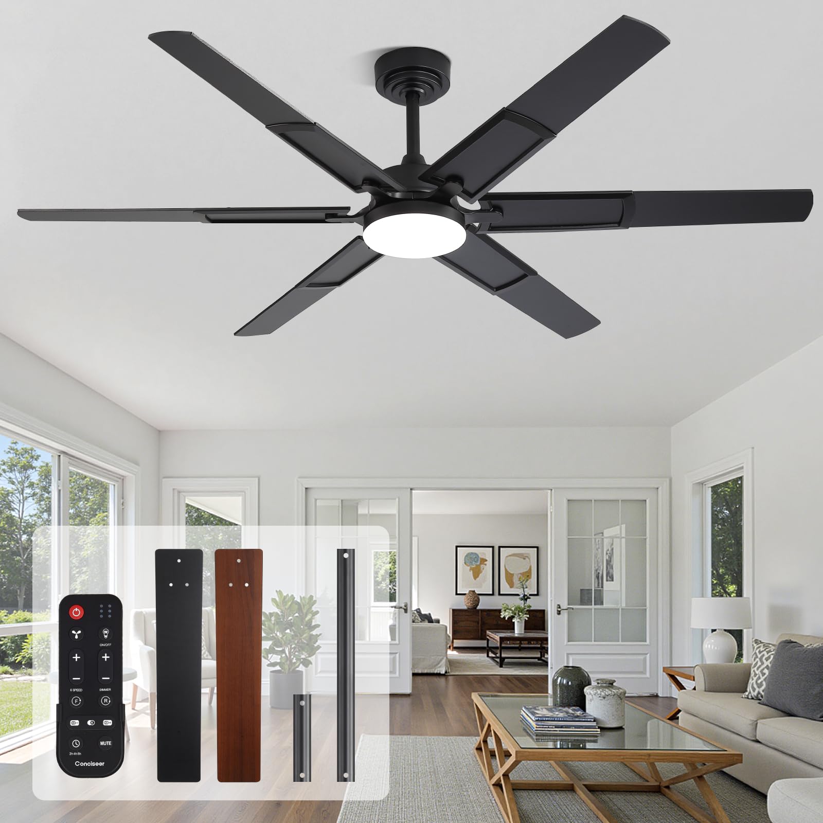 60 Inch Ceiling Fans with Lights and Remote, Living Room Office Library Cafe Indoor Outdoor Industrial, 5CCT Dimmable, Dual Color 6 Blades, 6 Speed Reversible Quiet DC Motor, Black/Wood Grain