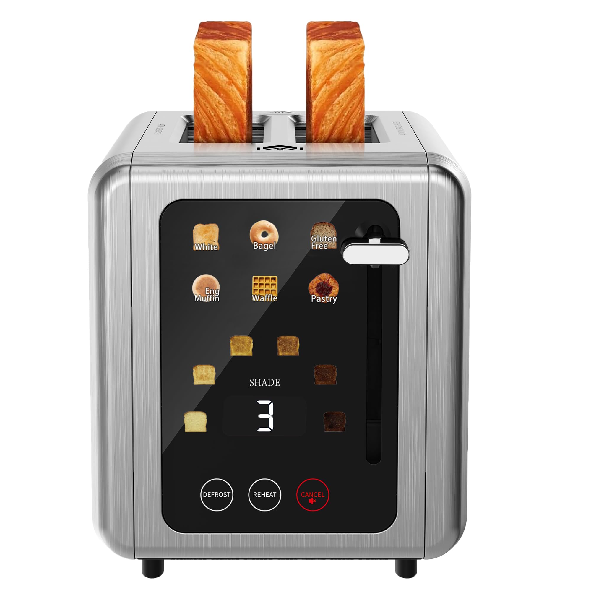WUNLY Smart Digital 2 Slice Toaster with Touch Screen,1.5'' Extra Wide Slots for Bagel, Digital Countdown & Sound Control, 6 Bread Types & 6 Shade Settings, Defrost/Reheat/Standby,Titanium