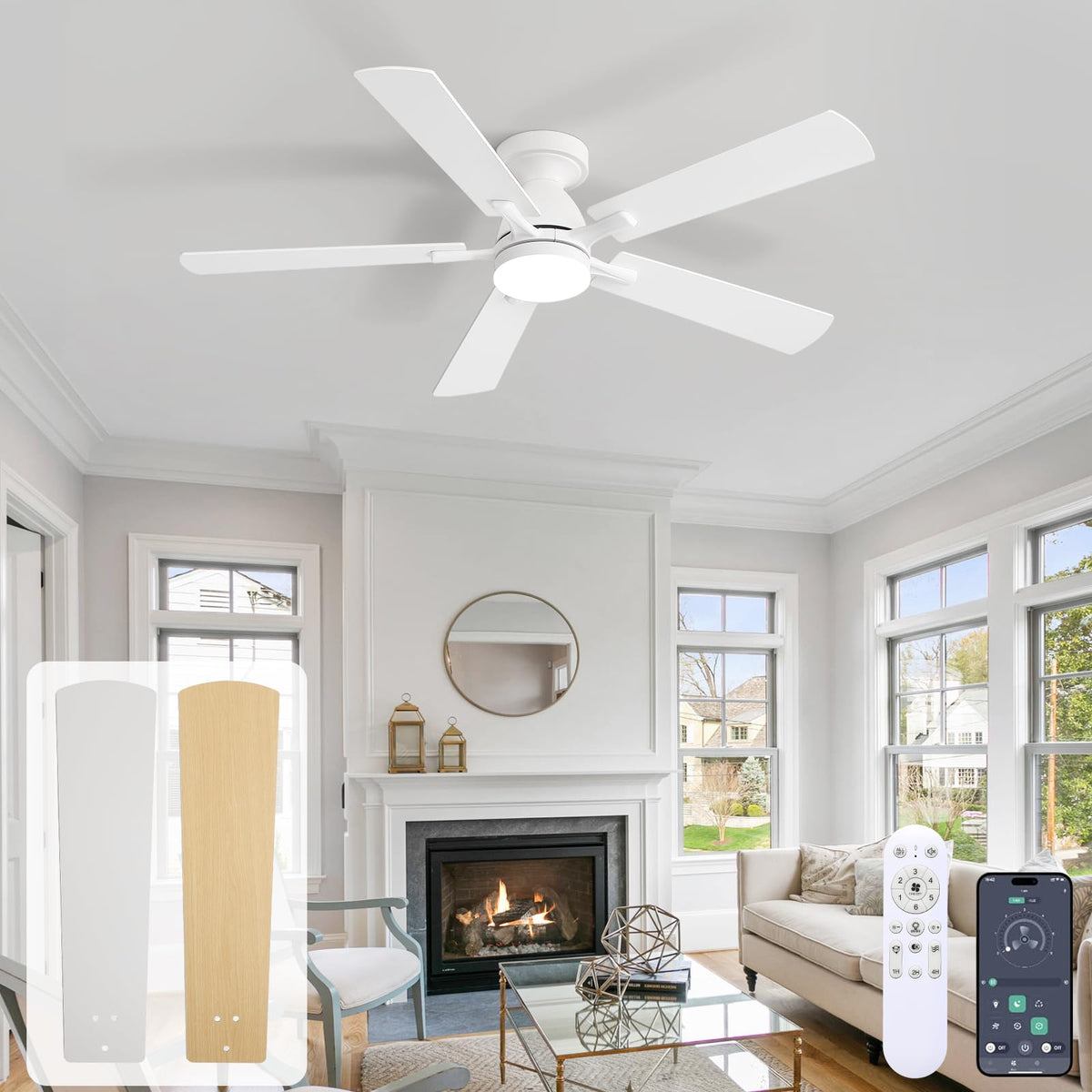 42 Inch Ceiling Fan with Lights, White Modern Low Profile Flush Mount Fan, App&Remote Control, Dimmable LED 3 Color Temperatures, Quiet Reversible DC Motor, 6 Speeds Timer for Bedroom LivingRoom Patio