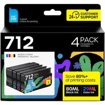 iNKPAD 712XL Ink Cartridges Replacement for HP 712 Ink Cartridges, 4 Pack | Work with HP DesignJet T210 T650 T630 T230 Studio Plotter Printer, Easy Install, High Yield, 80-ml Black + 29-ml CoIor