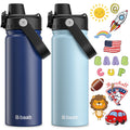 baab 18oz Kids Water Bottle, Insulated Kids Water Bottle with Lockable Spout Lid & Stickers, 18/8 Stainless Steel Vacuum Leakproof Kid Water Cup for Boy Girl School (Navy Blue+Light Blue, 2 Pack)