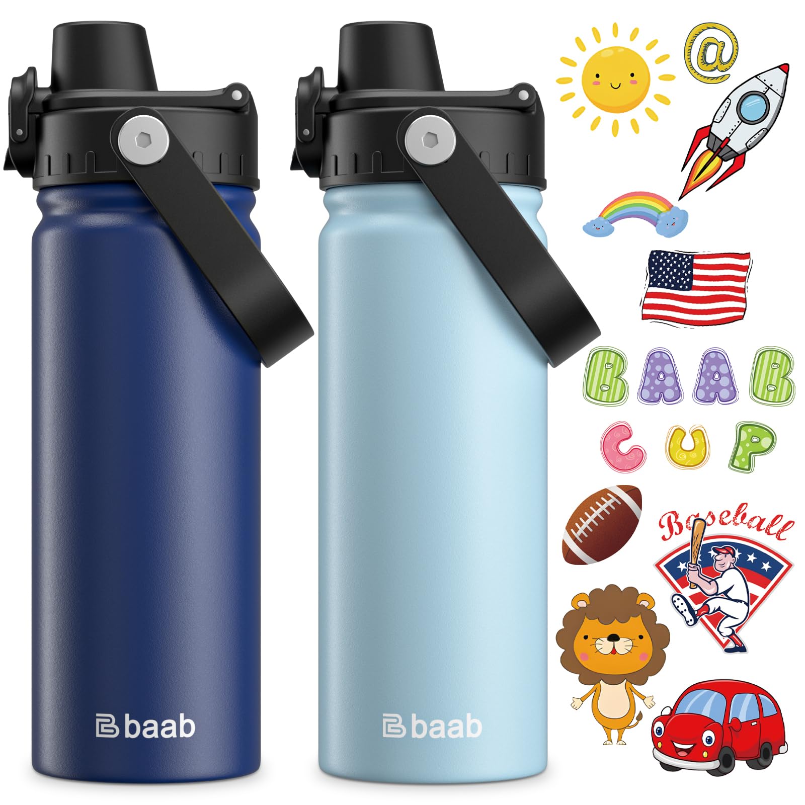 baab 18oz Kids Water Bottle, Insulated Kids Water Bottle with Lockable Spout Lid & Stickers, 18/8 Stainless Steel Vacuum Leakproof Kid Water Cup for Boy Girl School (Navy Blue+Light Blue, 2 Pack)