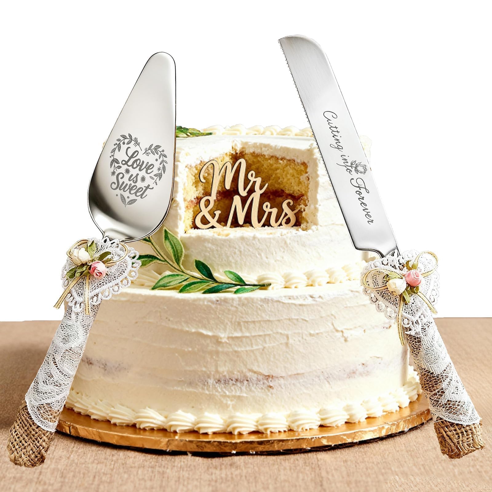 Wedding Cake Knife and Server Set – 10.83" Serrated Knife & 9.84" Server with Rustic Lace Burlap Handles, Stainless Steel Blades, for Bride & Groom, Anniversary & Engagement Gift (silver)