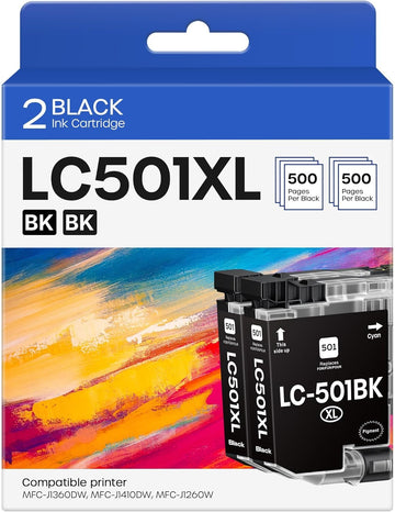 LC501XL Ink Cartridges Compatible for Brother LC501XL, 2 Black | LC501 XL LC501 High Yield Use with MFC-J1260DW MFC-J1360DW MFC-J1410DW Printer (2 Pack)