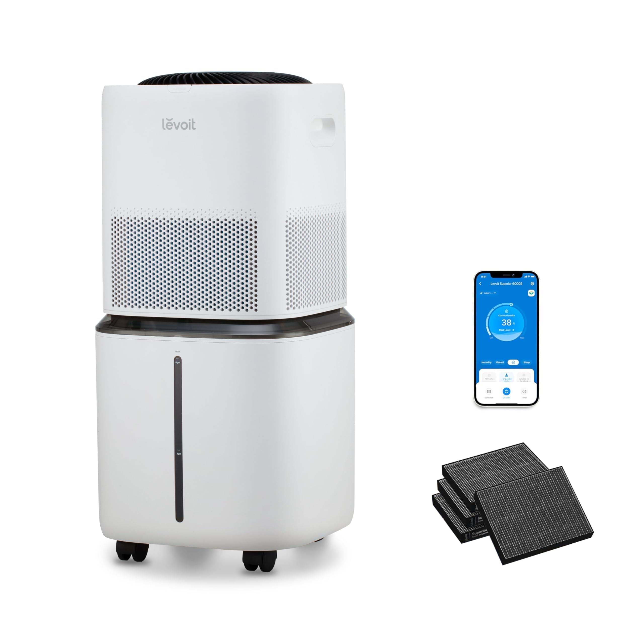 LEVOIT Superior 6000S Smart Evaporative Humidifiers for Home Whole House up to 3000ft², 23L, Last 72-Hour, Premium Filter, Dry Mode, Wheels & Water Fill Hose, Foldable Storage, Sleep Mode, New Edition